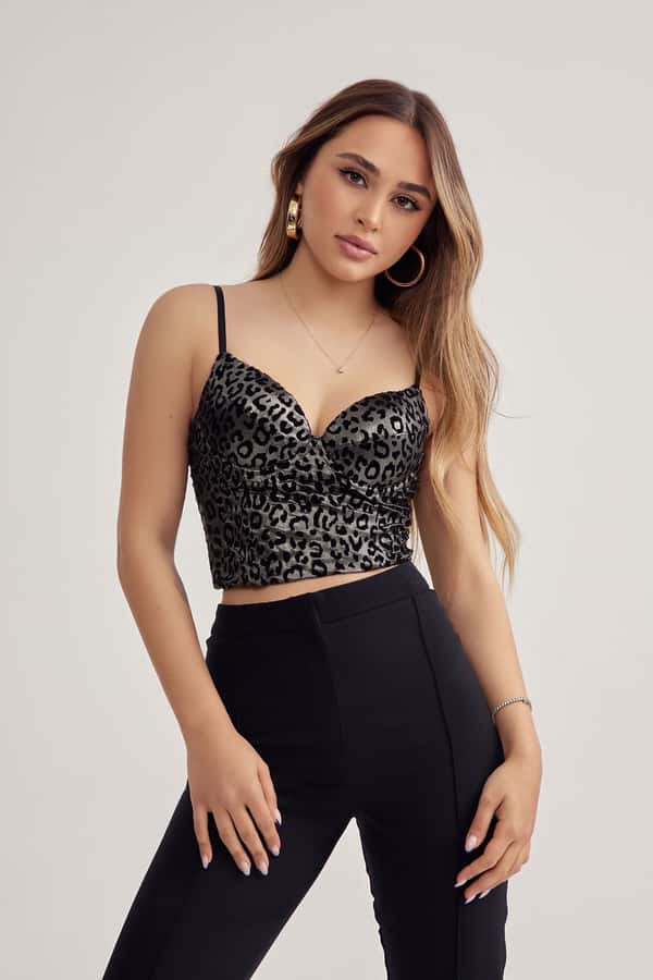Metalic Grey Leopard Printed Push-Up Underwire Sexy Faux Leather Bustier Body
