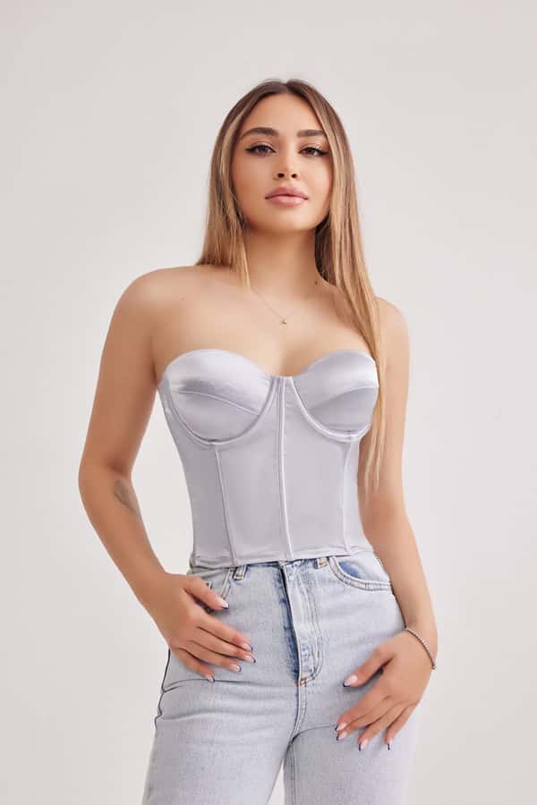 Shiny Grey Colour Push-Up Bustier Body Fitted Straplez